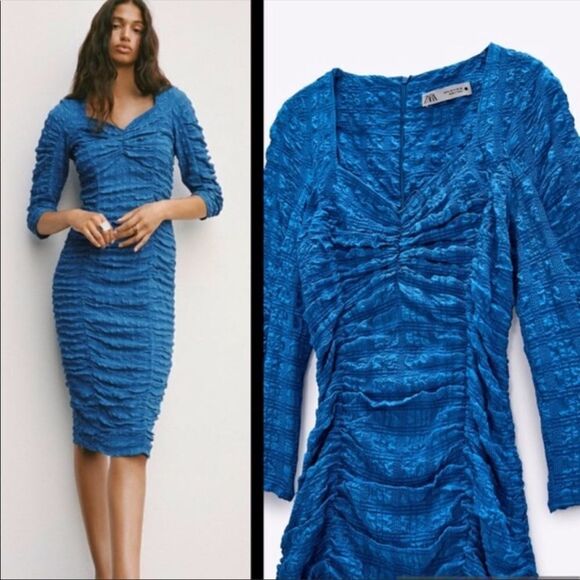 Zara blue ruched textured dress - Picture 7 of 12